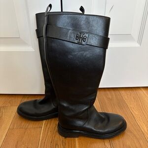 Tory Burch double T Black Leather Tall Boots like new!!!!